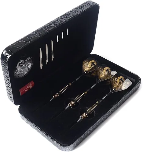 Vista 6 de CUESOUL Juego de dardos con punta de acero 20/22/24 gramos con estuche de PU de lujo - Serie Escorpión Negro F2001-0.71 oz