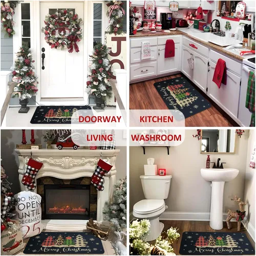 Vista 5 de Felpudo Decorativo de Navidad Feliz Navidad 30"x17" Negro, Alfombra de Puerta Temporada de Búfalo a Cuadros Árbol de Navidad Antideslizante Lavable