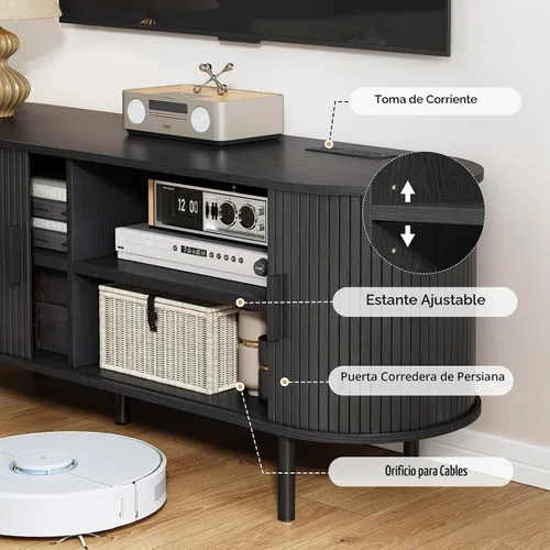 Vista 6 de Soporte de TV de 55 pulgadas con toma de corriente, consola multimedia moderna con puertas correderas, centro de entretenimiento para televisores