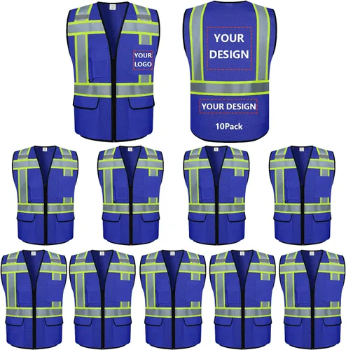 Vista 30 de Chaleco Reflectante Clase 2 de Seguridad ANSI con Bolsillos y Cremallera de Alta Visibilidad Uniforme de Construcción K-verde-1pack-custom