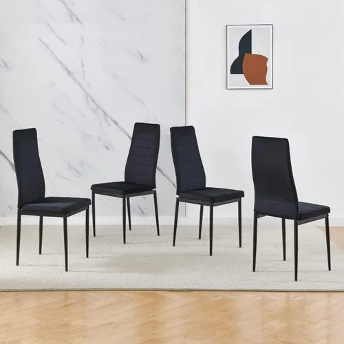 Vista 4 de Juego de 4 mesas de comedor y sillas negras modernas de 5 piezas para cocina pequeña, mesa rectangular de vidrio templado y 4 sillas de terciopelo