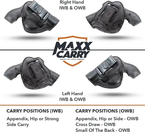 Vista 5 de Maxx Carry Funda de cuero de alta calidad OWB e IWB de 4 vías para pistola de marco J para los modelos S&W 442 y 642 Airweight 637, 638, 640 y otros