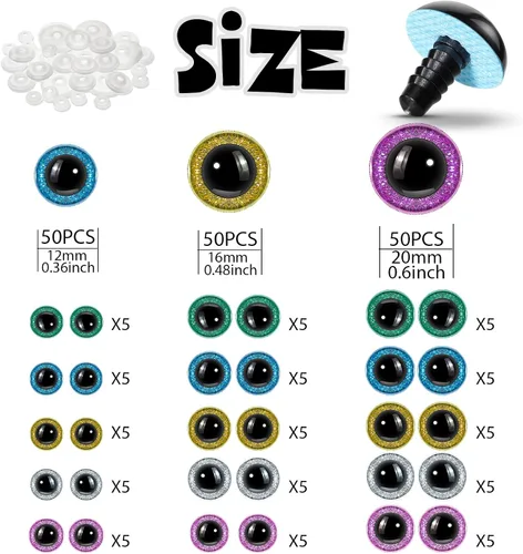 Vista 2 de 150 ojos de seguridad grandes para ojos de seguridad Amigurumi de ganchillo de 0.46/0.78/0.78 pulgadas (12/16/0.787 in) con purpurina para animales