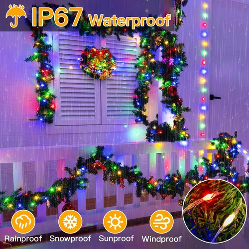 Vista 4 de Ollny Luces de Navidad para exteriores, 600 LED de 197 pies, luces multicolor para árbol de Navidad IP67, luces de hadas enchufables con control