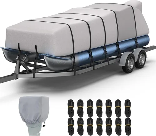 Vista 11 de RVMasking Cubierta para barco pontón con cubierta para motor, 1400D resistente reforzada en el medio, cubierta impermeable para barco de grado