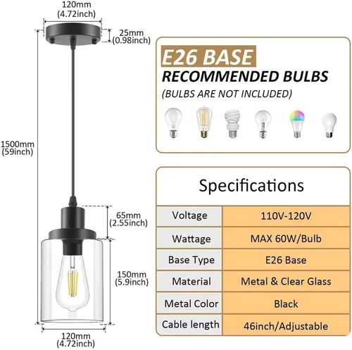 Vista 2 de Luces colgantes industriales, iluminación colgante moderna con pantalla de vidrio transparente, accesorios de luz colgante negros luz de techo
