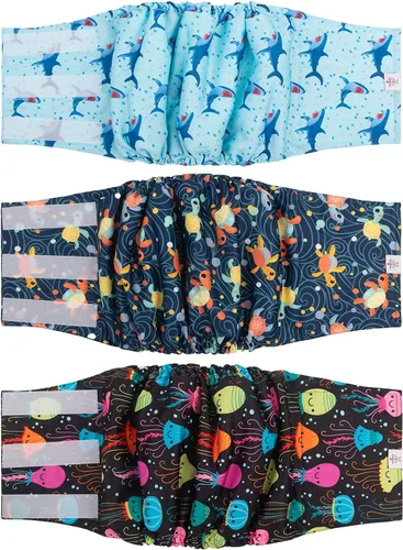 Vista 32 de CuteBone - Pañales lavables para perro macho, banda abdominal, paquete de 3 unidades, color negro, modelo DM54XS