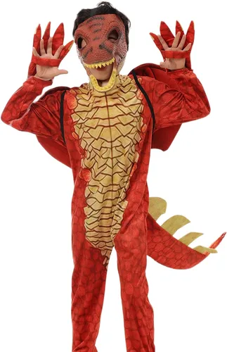 Vista 2 de Hqroidd Disfraz de dinosaurio, máscara de miedo, 2 piezas, overol de dragón, alas de cola, conjunto completo de Halloween
