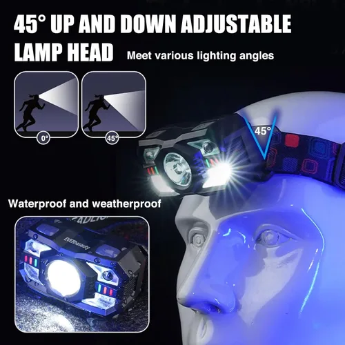Vista 6 de Linterna frontal recargable, 1200 lúmenes súper brillante LED con sensor de movimiento, 10 modos, impermeable, ligera, linterna con luz roja