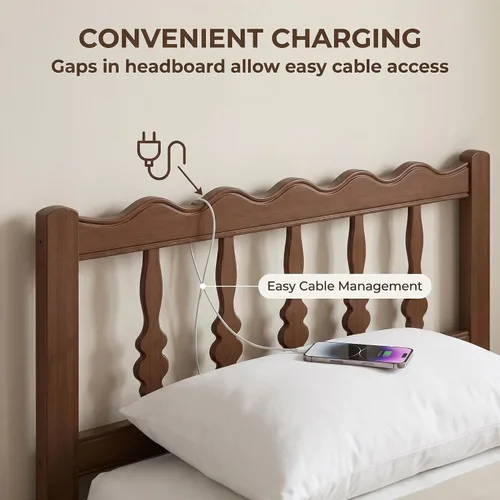 Vista 4 de Base de cama de bambú individual de 14 pulgadas con cabecera ondulada de mediados de siglo, cama de plataforma de madera maciza resistente