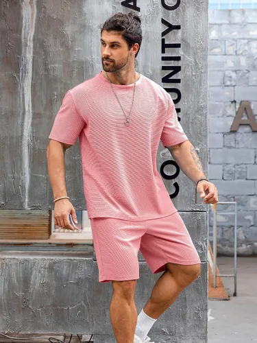 Vista 7 de Babioboa Conjunto de camiseta y pantalones cortos de manga corta para hombre, 2 bolsillos, de gran tamaño, de dos piezas, casual, uso diario
