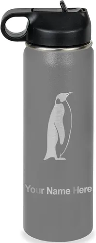 Vista 19 de LaserGram Botella de agua personalizada, pingüino, acero inoxidable de doble pared aislada al vacío con popote superior, regalo grabado