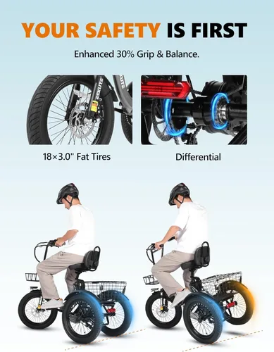 Vista 3 de Bicicleta eléctrica para adultos, triciclo de 1200 W de potencia máxima y batería extraíble de 499.2 Wh, neumáticos gruesos de 18x3.0, bicicleta