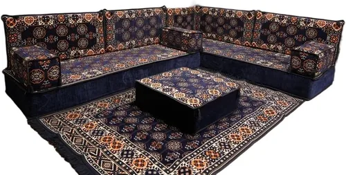 Vista 170 de arabicsofa Juego de asientos Jalsa en forma de L – Majlis árabe hecho a mano con almohadas de respaldo