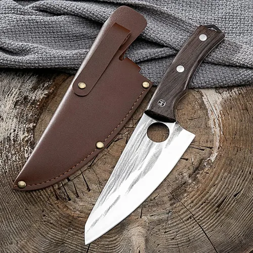 Vista 3 de Cuchillo de carnicero, cuchillo vikingo para cortar carne, 6 pulgadas, afilado, multiusos, forjado en fuego para deshuesar, rebanar, cortar, picar