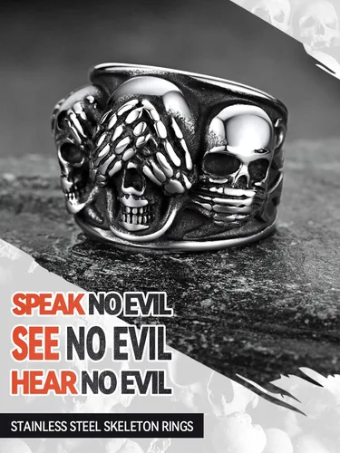 Vista 4 de FaithHeart 3 anillos de calavera para hombre, acero inoxidable sólido, gótico, punk, motociclista, esqueleto, para grabar, tallas 7-14