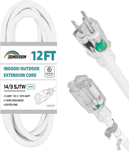 Vista 19 de Cable de extensión resistente a la intemperie con extremo iluminado, certificado UL, calibre 10, 3 pies, color blanco, 3 clavijas, resistente, cable