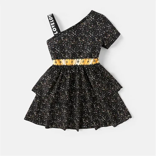 Vista 5 de L.O.L. Surprise! Vestido escalonado con estampado de figura de un hombro para niñas, vestido casual fluido, talla 6-12, Negro