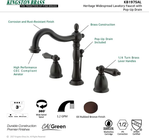 Vista 9 de Kingston Brass KB1975AL Heritage - Grifo de lavabo generalizado con mango de palanca de metal, bronce aceitado, centro ajustable de 8 pulgadas