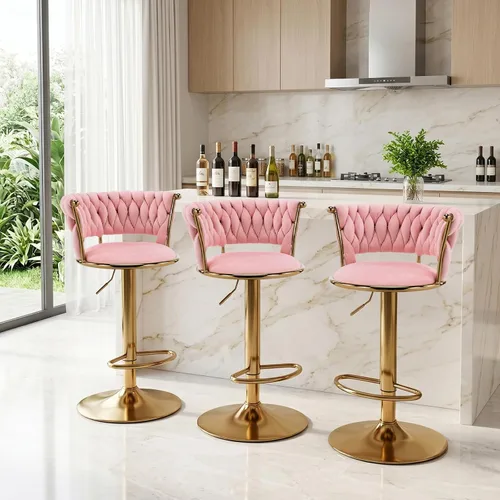 Vista 6 de Velvet Bar Stools Set of 1, Swivel Counter Height Barstools with Woven Backrest, Adjustable Height Bar Stools for Kitchen Island, Home Bar, Pub