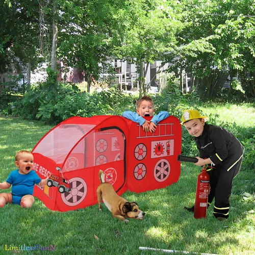 Vista 3 de Camión de bomberos Pop Up Tienda y luces para niños, casa de juego de camiones de bomberos para niños