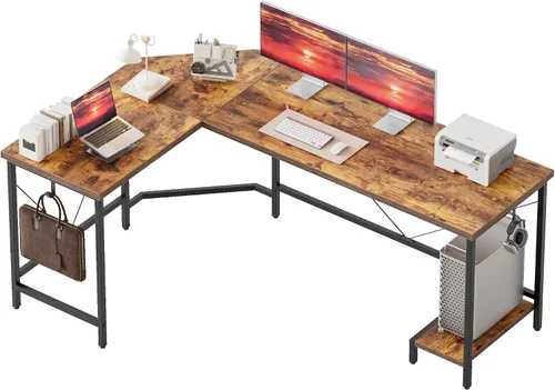 Vista 21 de Mericonia Escritorio para Computadora en Forma de L con Tomas de Corriente, Escritorio de Juegos Reversible con Estantes de Almacenamiento y Soporte