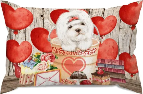 Vista 24 de Fundas de almohada lumbar con textura de madera rústica para perro en cubo, diseño de corazón rojo para el día de San Valentín, fundas de almohada