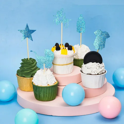 Vista 5 de Gersoniel 36 adornos para cupcakes con purpurina para baby shower en 6 estilos, 1 adorno de bienvenida para pastel de bebé, 1 vela para dormir