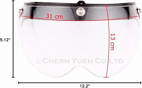 Vista 4 de Visera universal de 3 broches para casco de motocicleta de cara abierta, escudo contra el viento abatible hacia arriba (transparente)
