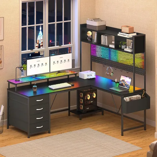 Vista 3 de Escritorio para juegos en forma de L con gabinete, escritorio de esquina reversible para computadora con cajones, escritorio para juegos con panel