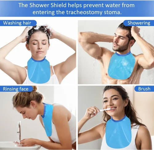 Vista 3 de Cubierta impermeable de traqueotomía para ducha, protector de estoma para cuello, protector de comodidad ajustable (azul, 1 unidad)