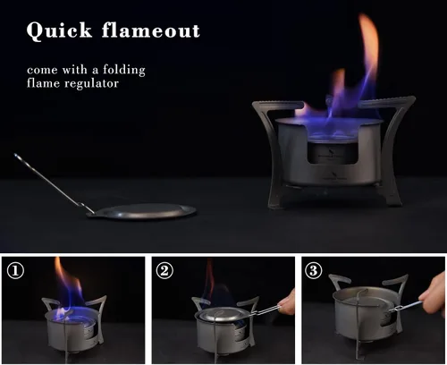 Vista 5 de Boundless Voyage Estufa de alcohol de titanio con cubierta contra incendios, estufa de leña al aire libre con soportes, para camping, Juego