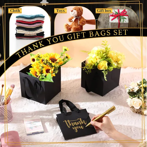 Vista 6 de Windyun 25 mini bolsas de regalo de papel con asa de 6 x 6 x 6 pulgadas, pequeñas bolsas cuadradas con etiqueta de agradecimiento para Navidad