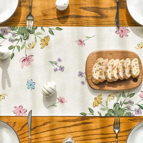 Vista 7 de Artoid Mode Camino de mesa de Pascua con huevos cruzados de oveja, flores silvestres de primavera de temporada, decoración de mesa de comedor
