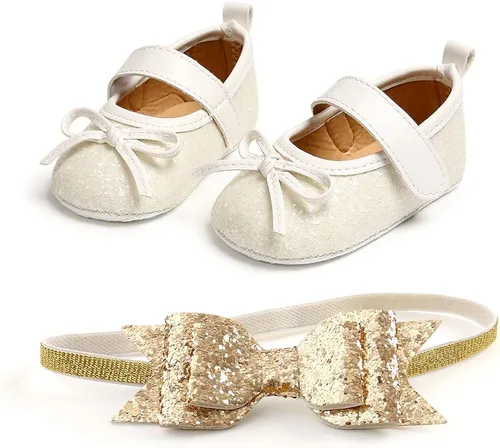 Vista 2 de Zapatos planos Mary Jane para bebé con diadema de lazo, vestido de princesa floral para bebé, suela suave, zapatos de cuna antideslizantes