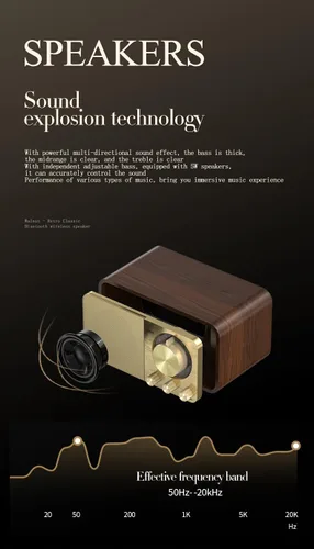Vista 11 de Altavoz Bluetooth de madera retro, radio recargable de 1500 mAh con antena FM integrada, dial giratorio de sintonización FM, control de graves