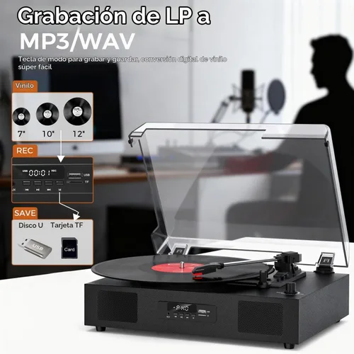 Vista 5 de Tocadiscos de vinilo Bluetooth con dos altavoces incorporados, grabación USB, transmisión por correa, 3 velocidades, tocadiscos para discos