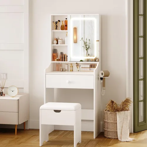 Vista 2 de Vabches Tocador de Maquillaje Pequeño de 24.4 pulgadas con Espejo y Luces, 3 Modos de Iluminación Ajustables, Juego de Tocador Compacto Blanco