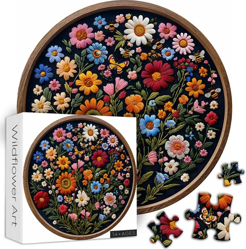 Vista 2 de Rompecabezas vintage de flores silvestres para adultos de 1000 piezas, rompecabezas redondo de mariposa abeja planta arte de la naturaleza