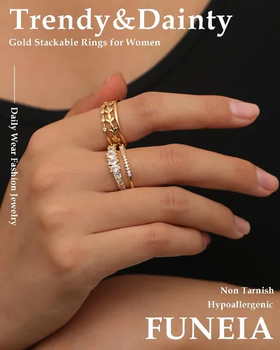 Vista 3 de FUNEIA Anillos apilables de oro para mujer, no se deslustra, a la moda, delicados, chapados en oro de 14 quilates, juego de anillos de pulgar