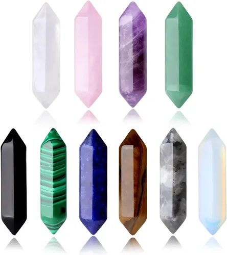Vista 10 de Juego de 20 piedras de varita de cristales curativos, amatista natural, cuarzo rosa, cuarzo transparente, ojo de tigre, piedras preciosas