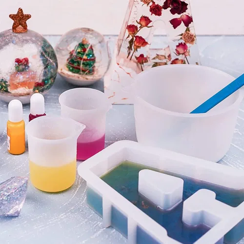 Vista 5 de Kit de herramientas de tazas medidoras de resina de silicona, tazas de medición de 3.3 onzas líquidas, palitos de silicona para agitar, pipetas