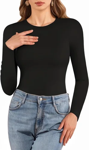Vista 2 de MANGOPOP Crew Neck Long Sleeve Short Sleeve T Shirts for Women Fitted Shirts Tight Neck T Shirts Basic Tee Tops