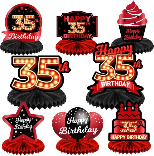 Vista 78 de Feliz 45 cumpleaños rojo y negro centros de mesa de panal de abeja decoraciones de globos decoración de mesa centros de mesa para niñas mujeres