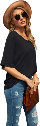 Vista 4 de SUEANI - Camiseta de cuello en V para mujer, diseño holgado con manga 34 acampanada