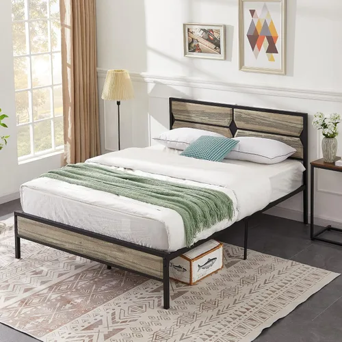 Vista 3 de VECELO Base de cama tamaño Queen con cabecera y estribo de madera, base de colchón de plataforma de cama Queen, soporte de listones de acero,