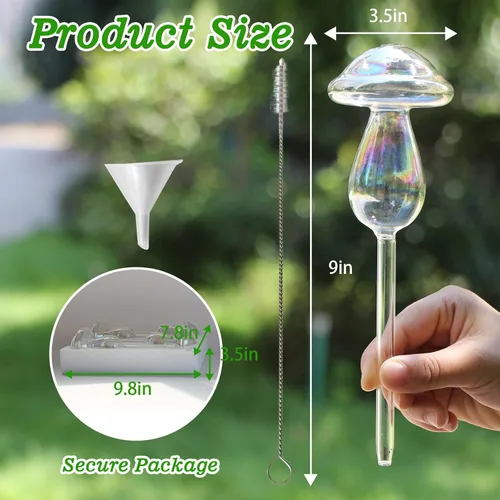 Vista 2 de Globos de Riego para Plantas, 4 Piezas de Color Degradado Arcoíris Iridiscente de Vidrio Transparente en Forma de Hongo con Picos de Riego