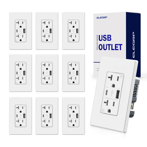 Vista 15 de ELEGRP Cargador USB de pared, receptáculo USB con puertos USB tipo A y tipo C, enchufe dúplex de 15 amperios resistente a manipulaciones NEMA 5-15R