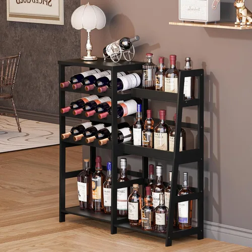 Vista 6 de VASMIA Soporte versátil para licor para bar en el hogar, estante para vino, mesa de bar con botella de licor trapezoidal de bambú, gabinete