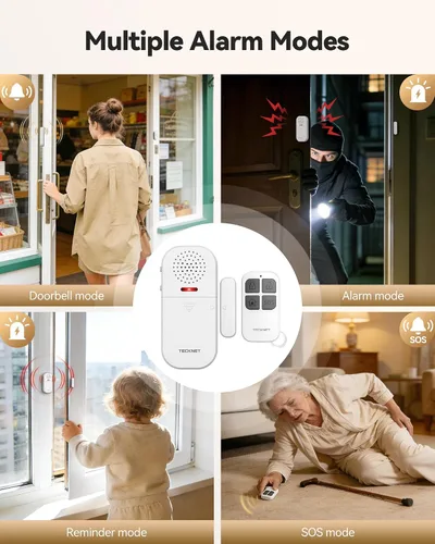 Vista 5 de TECKNET Alarma de puerta inalámbrica con control remoto, sensor de puerta de 130 dB con flash LED, 4 modos de alerta y 5 volúmenes ajustables